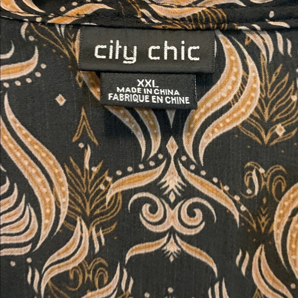 City Chic Black and Tan Ruffle Patterned Dress XXL Feminine Elegant Semi Formal - Picture 3 of 7